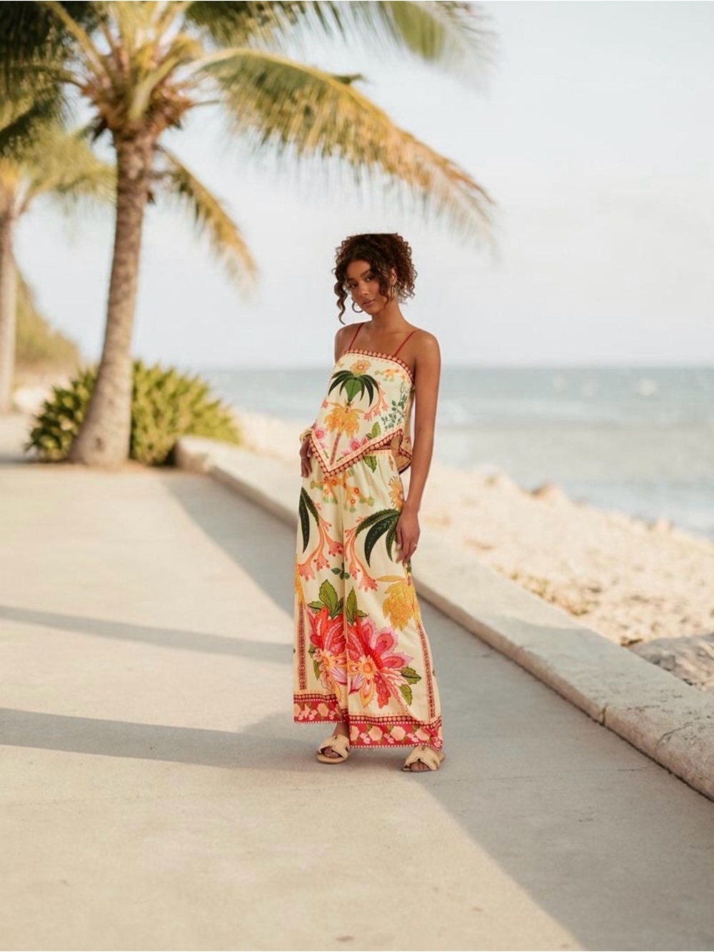 Women’s Cream Floral Wide-Leg Jumpsuit two piece